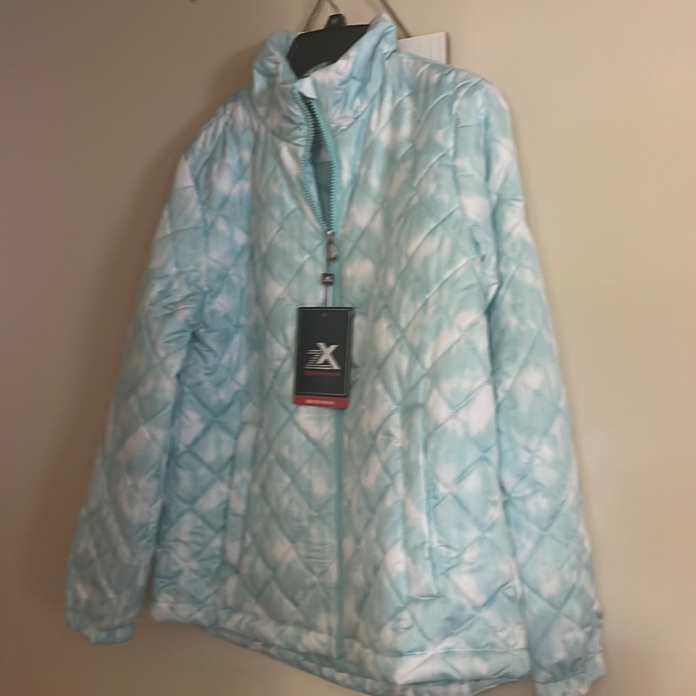 Brand new jacket in a teal/white pattern